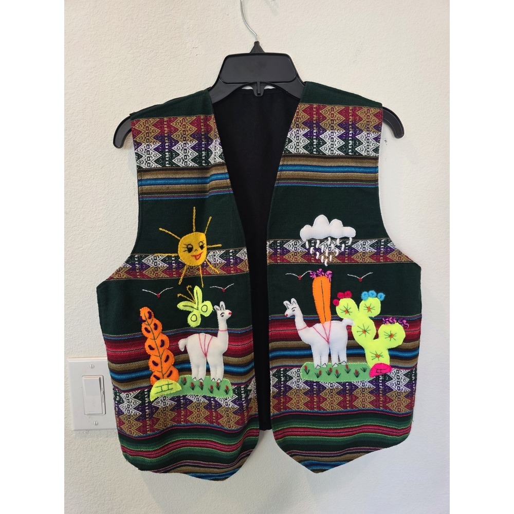 VTG Handmade Peruvian Style Vest 3D Folk Art Applique Puff Llama Stripe Sz L